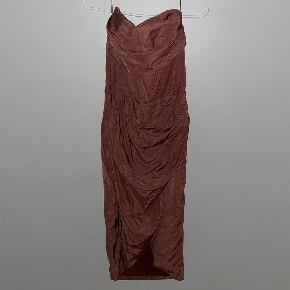 Bardot strapless corset dress in Latte